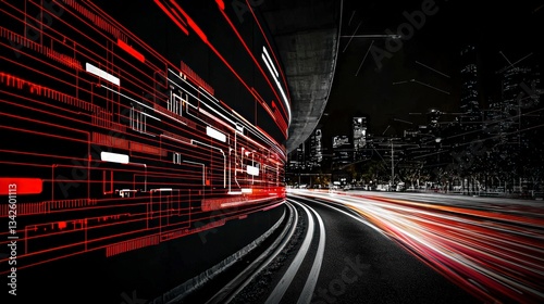 Abstract Cityscape  Night Road  Speed  Technology  Red Circuit Lines