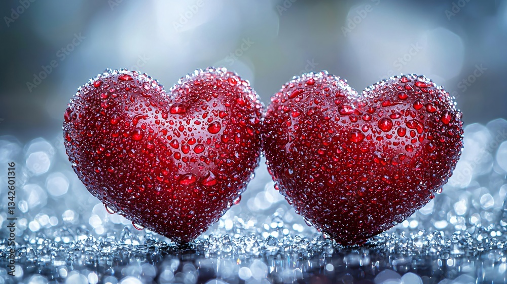 Obraz premium Two hearts, water droplets, bokeh background
