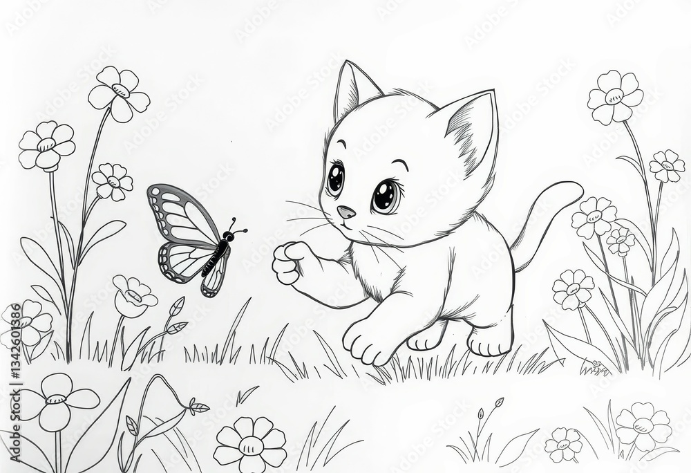 Fototapeta premium Cute Kitten Reaching for Butterfly in a Flower Field Drawing