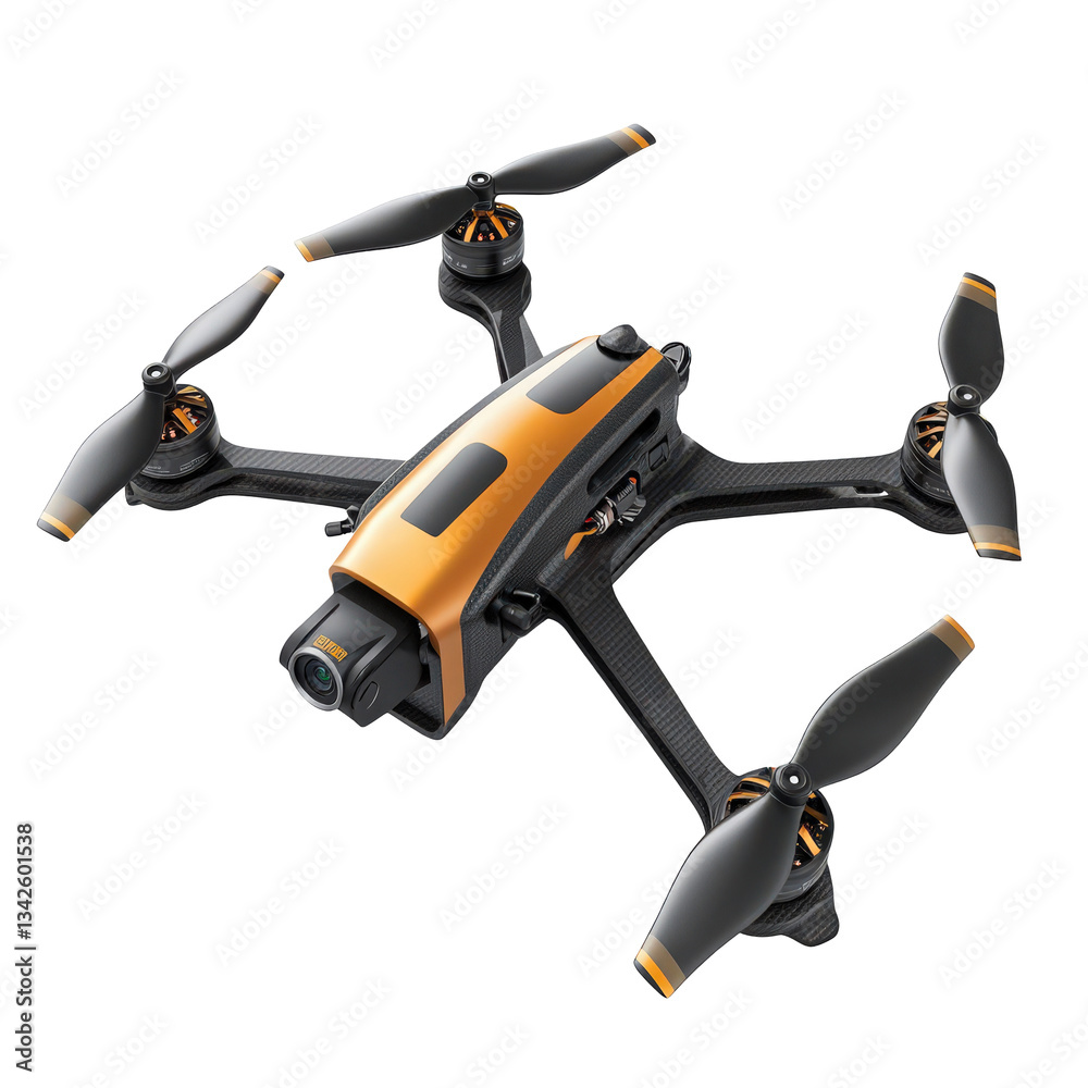 Capture stunning aerial views with this high-tech orange and black camera drone. isolated on transparent background Capture stunning aerial views with this high-tech orange and black camera drone. isolated on transparent background