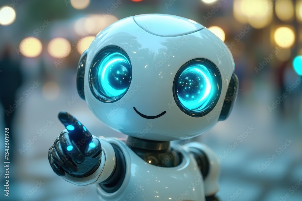 A cute robot with glowing eyes points towards an unseen direction A cute robot with glowing eyes points towards an unseen direction