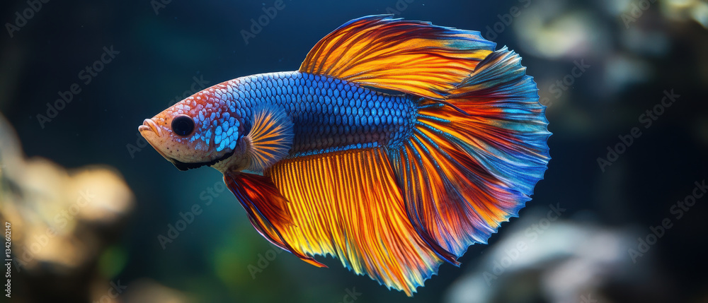 A vibrant betta fish showcasing striking colors and intricate fins, swimming gracefully in a clear aquarium environment. A vibrant betta fish showcasing striking colors and intricate fins, swimming gracefully in a clear aquarium environment.