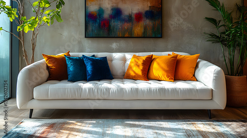 Cozy living room with white sofa, colorful cushions, flowers, and art. photo