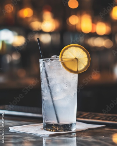 A refreshing tom collins cocktail served in a tall glass with ice cubes a black straw and a lemon slice garnish on a bar counter