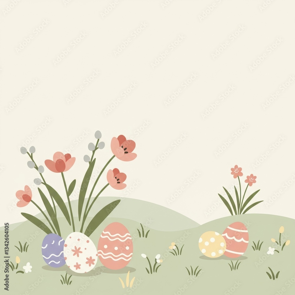 Naklejka premium Charming Easter Illustration with Delicate Spring Flowers and Decorated Eggs in Pastel Colors, Perfect for Holiday Greetings and Celebrations