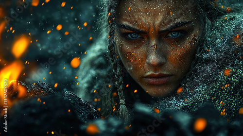 Female Viking Skald Singing at Funeral Pyre with Bear Claw Talisman and Raven-Embroidered Cloak
