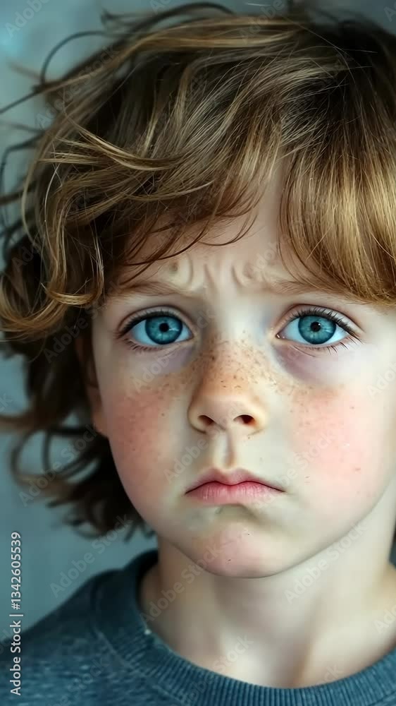 Child with curly hair poses thoughtfully in front of abstract scientific illustration indoors
