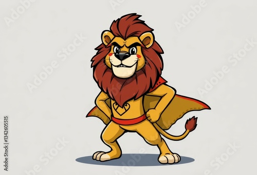 Cartoon Lion Superhero Posing with Cape and Confidence for Kids