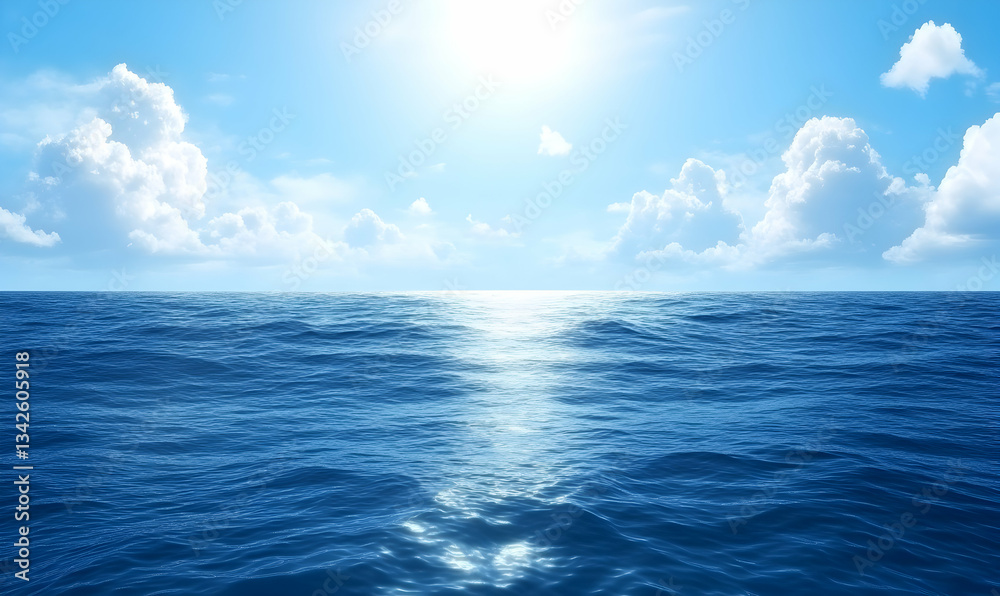Fototapeta premium Serene ocean scene under a bright sunny sky with fluffy white clouds. Perfect for travel, vacation, or relaxation themes.