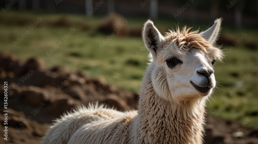 Obraz premium Close-up of a fluffy alpaca in a field