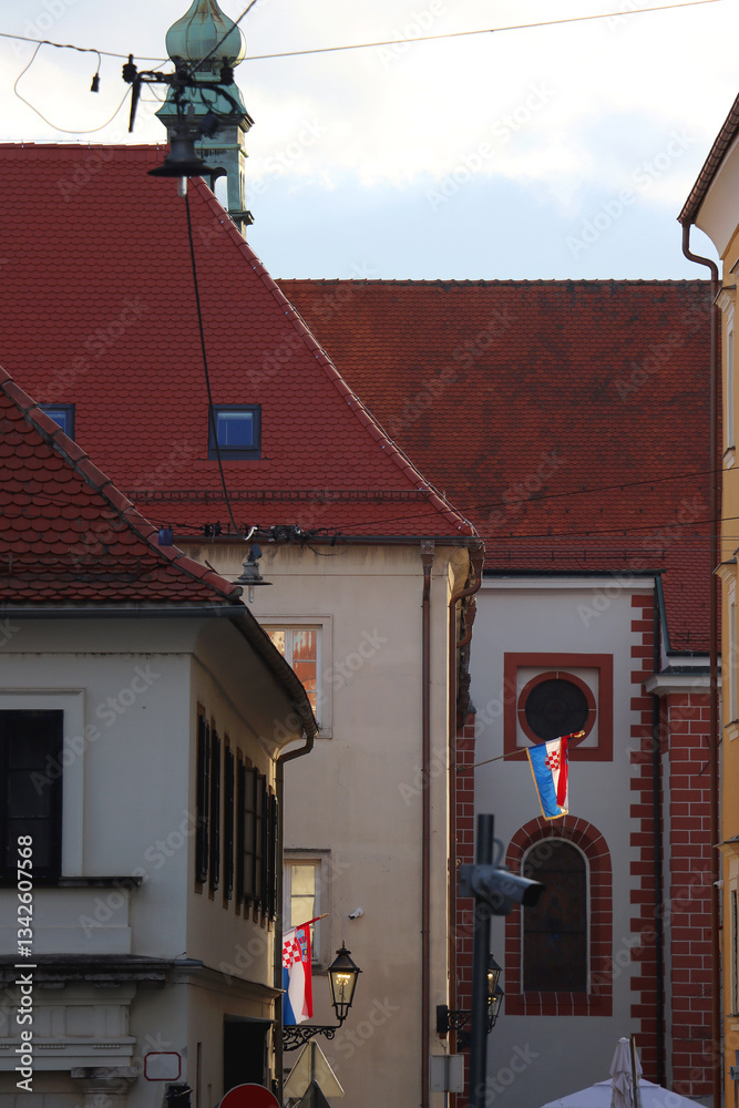 Colorful historic buildings in central Zagreb, Croatia.