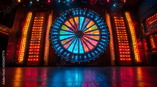 A colorful wheel of fortune on a stage with a blue and red background. The wheel is illuminated with vibrant lights, creating a lively atmosphere.