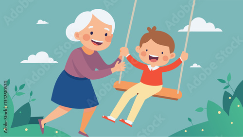 A grandmother pushing her grandchild on a swing laughing together as they soar through the air.. Vector illustration