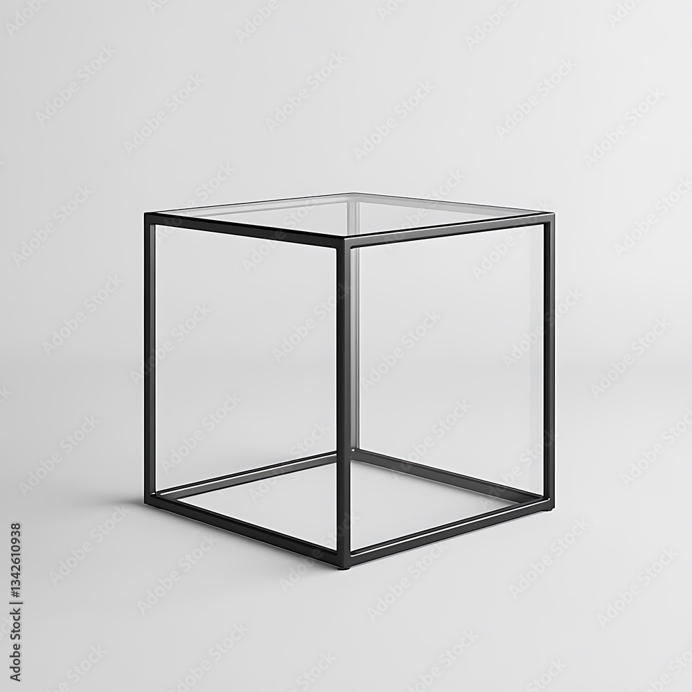 Black metal frame cube with glass top, white background, Black metal frame cube with glass top, white background,