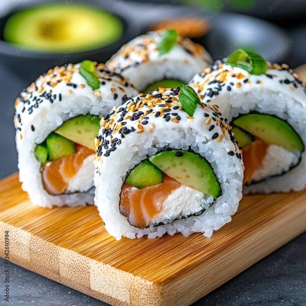 Close Up of Four Salmon Avocado Sushi Rolls Topped with White Sauce and Sesame Seeds Close Up of Four Salmon Avocado Sushi Rolls Topped with White Sauce and Sesame Seeds