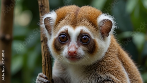 Close-up of a small, curious lemur-like primate.  It has large eyes and a reddish-brown coat, with white markings on its face and ears. It appears to be gripping a branch