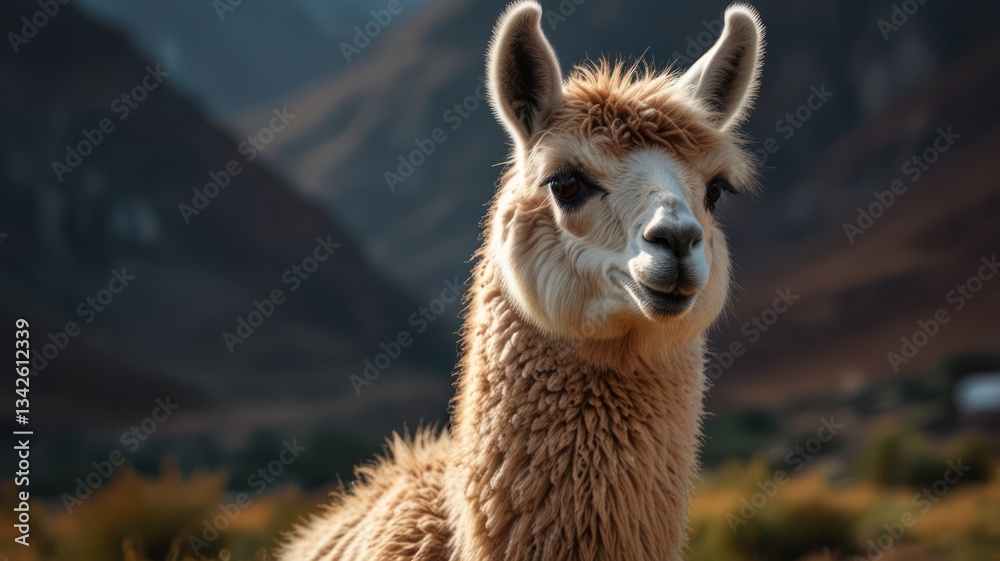 Obraz premium Close-up of a llama in a mountain landscape