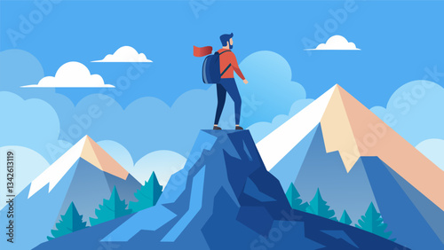 A hiker standing at the top of a mountain peak feeling a sense of accomplishment and growth after a challenging climb.. Vector illustration