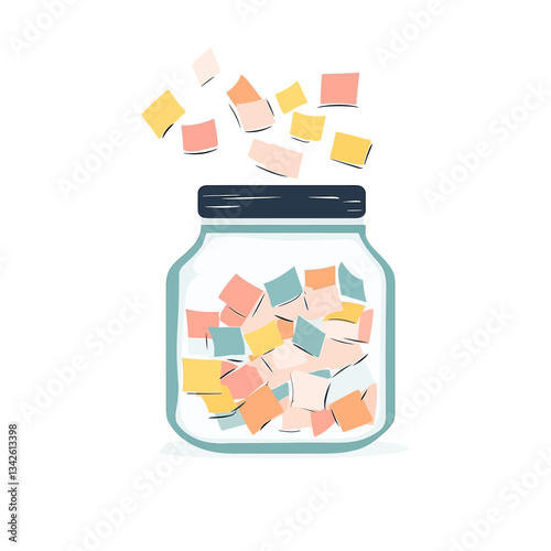 Glass Jar Filled with Colorful Square Papers against a White Background