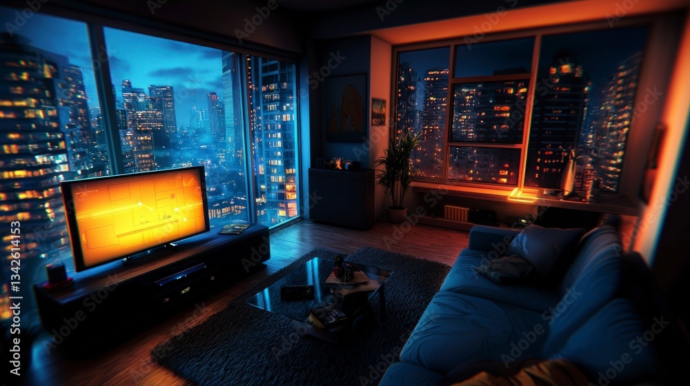 Futuristic Smart Home Living Room Night Cityscape View Futuristic Smart Home Living Room Night Cityscape View