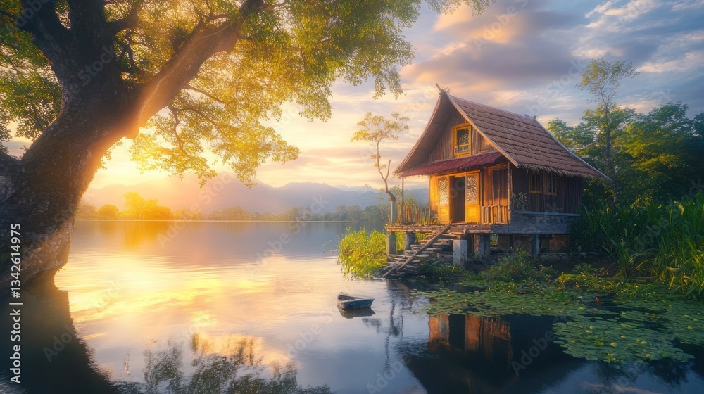 Fototapeta premium Tranquil lake house at sunrise