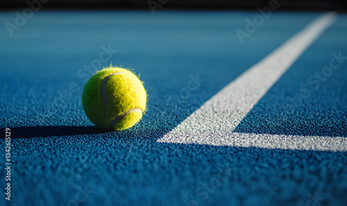 A single furry yellow tennis ball lies on a blue tennis court, near the white lines marking the court. Generative AI