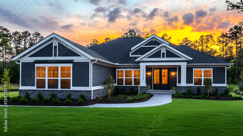 Single-story house with gray exterior, white trim, and a beautiful sky in the background. 
