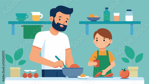 A father and his child make a homemade meal together practicing mindfulness in the kitchen by focusing on each step and savoring the meal together.. Vector illustration