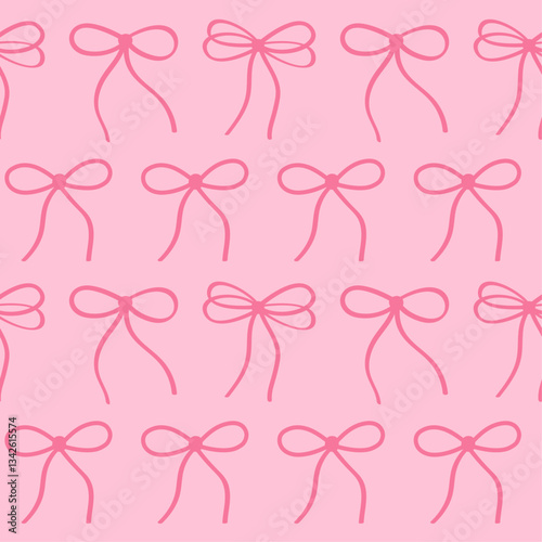 Pink coquette ribbon bow doodle rawing seamless pattern. Girlish texture with colorful bows for fabric textile apparel.