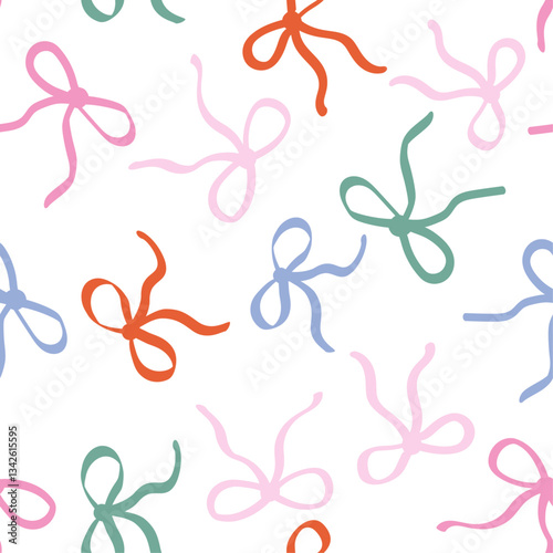Coquette pink ribbon bow doodle rawing seamless pattern. Girlish texture with colorful bows for fabric textile apparel.
