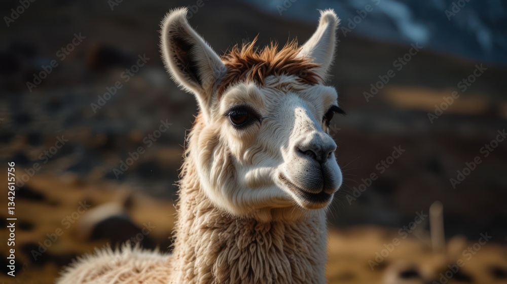 Obraz premium Close-up of a llama, with soft light highlighting its features, in a high-altitude Andean landscape