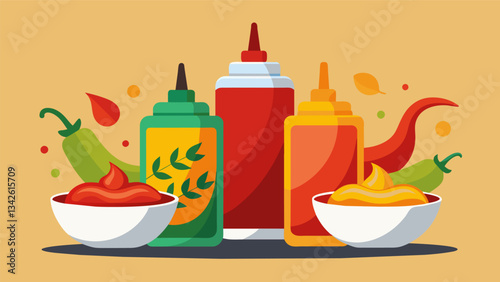 Spicy and flavorful sauces are a signature of this restaurant elevating even the simplest dishes to new levels.. Vector illustration
