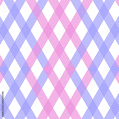 Seamless abstract geometric pattern thin line texture, purple pink diamond grid. Seamless linear rapport. Vector illustration for fabric textile wrapping paper background.