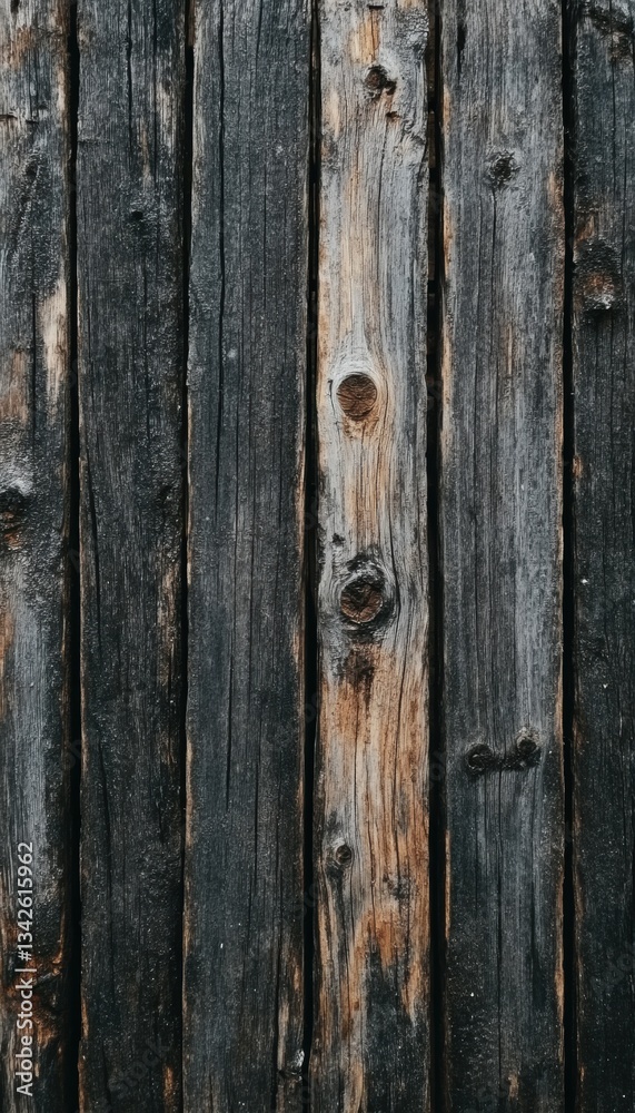Fototapeta premium Weathered wooden planks, showing age and texture. Dark, gray, and brown tones create a rustic appeal.