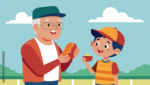 A grandfather taking his grandchild to their first baseball game complete with matching hats and hotdogs.. Vector illustration