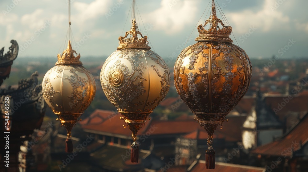 Ornate, spherical lanterns hanging from a temple or building, with a view of a cityscape Ornate, spherical lanterns hanging from a temple or building, with a view of a cityscape