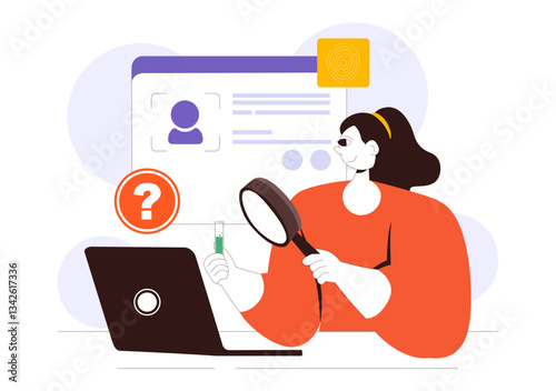 Forensics Technology Vector Illustration Featuring Biometric Access Control and Server Data Recovery with Fingerprint Screening Security System