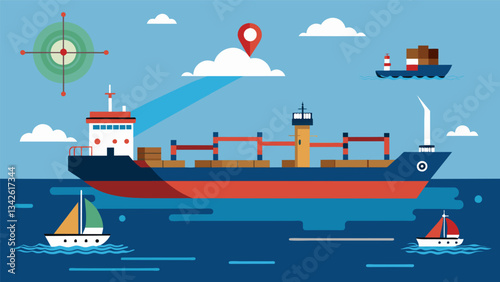 An oil tanker navigating through a busy shipping lane its advanced data navigation tools alerting the crew of incoming vessels and potential collision risks.. Vector illustration