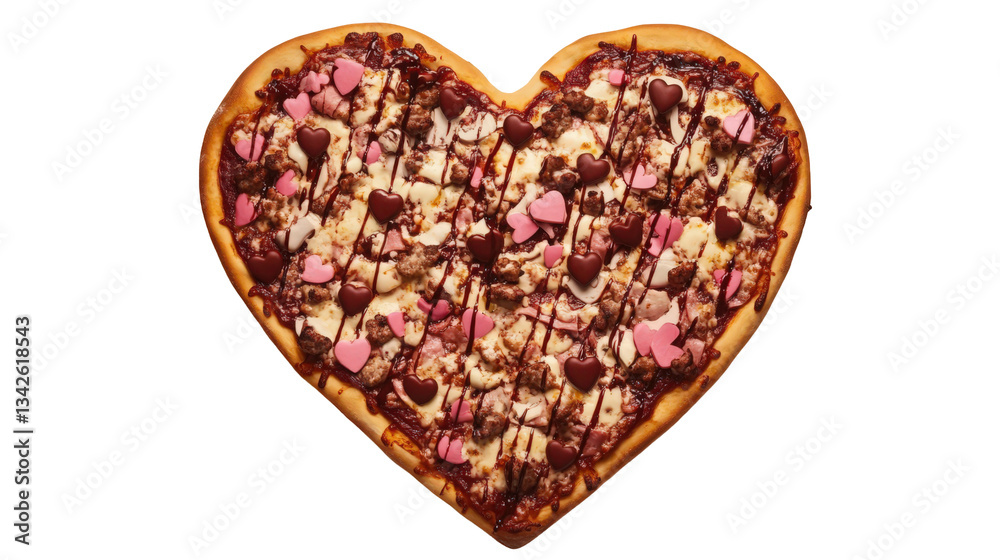 Fototapeta premium Heart-shaped pizza: Valentine's Day, love, romantic, delicious. Topped with cheese, meat, and chocolate hearts. Perfect date night treat! isolated on transparent background