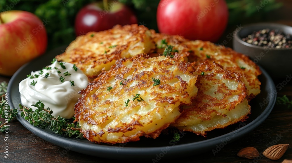 Crispy golden potato latkes or fluffy, golden-brown hash browns, served with sour cream and apples for dipping. Crispy golden potato latkes or fluffy, golden-brown hash browns, served with sour cream and apples for dipping.