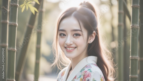 Smiling Asian Woman in Traditional Outfit Surrounded by Bamboo: Serene Beauty & Cultural Heritage.  Keywords: Asian, woman, bamboo, traditional, smile, beauty, culture, nature, serene