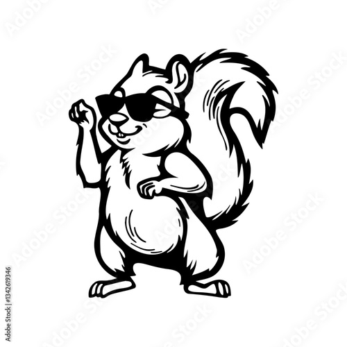 Cool Dancing Squirrel with Sunglasses. A stylish cartoon squirrel wearing sunglasses, raising its paws in a playful dance pose for logos, stickers, or T-shirt designs