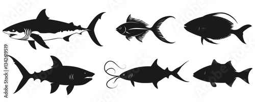 Set of different fish silhouette