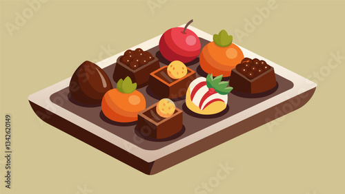 A tray of sumptuous chocolatecovered fruits and nuts glistening with a fine layer of sugar for added decadence in a luxury chocolate tasting.. Vector illustration