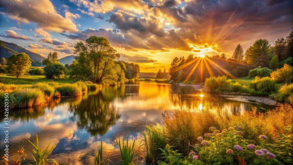 Fototapeta premium Serene River Landscape at Sunset