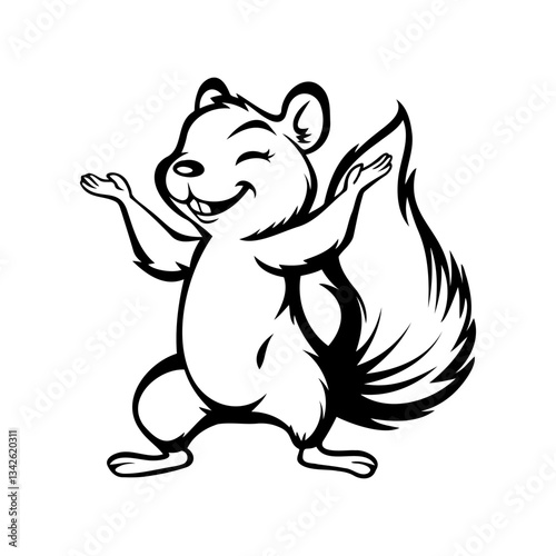 Cool Dancing Squirrel. A stylish cartoon squirrel, raising its paws in a playful dance pose for logos, stickers, or T-shirt designs