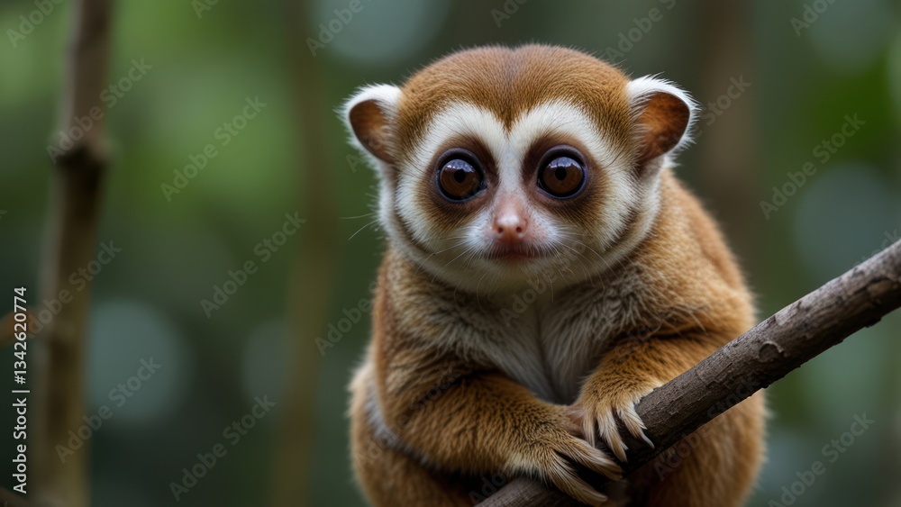 Obraz premium Cute primate in forest setting. Small, brown and white lemur, close-up, in a jungle environment