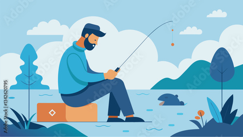 A man spends the day fishing letting go of all technological distractions and focusing on the peacefulness of the water on his dopamine fasting day.. Vector illustration