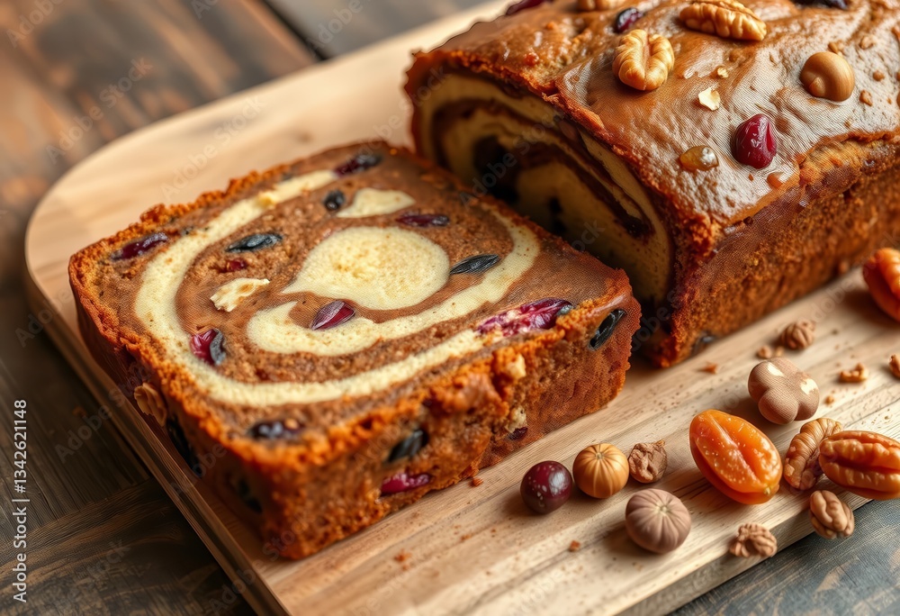 Close-up of gluten-free marble pound cake with nuts and dried fruits on rustic wooden table, pastry, baked goods Close-up of gluten-free marble pound cake with nuts and dried fruits on rustic wooden table, pastry, baked goods