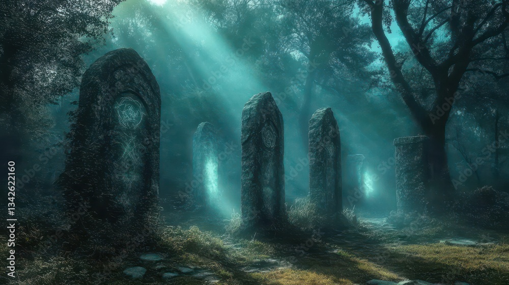 Obraz premium Enigmatic Stone Circle in a Misty Forest with Dramatic Light Rays